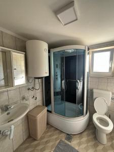 een badkamer met een douche, een toilet en een wastafel bij Vikendica Leona in Laktaši