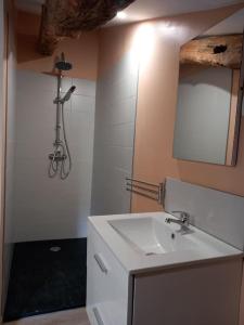 y baño con lavabo blanco y espejo. en Gîte à 25 minutes du Puy du Fou, en Montournais