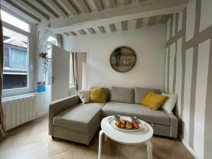 a living room with a couch and a table at Le logis du Gros Horloge - Cosy et Douillet in Rouen