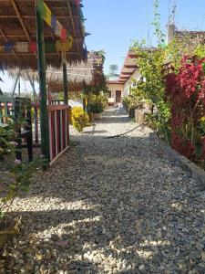 a cobblestone street in a village with a building at Busy Bee Guest House in Sauraha