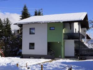 a green and white house with snow on the ground at Gorgeous luxurious house with large garden close to the town centre and piste in Mauthen