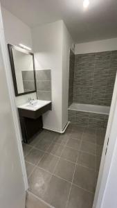 a bathroom with a sink and a mirror and a shower at Apparentement proche Paris avec terrasse vue dégagée in Bezons