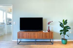 een flatscreen-tv op een houten standaard in een woonkamer bij City Apartment mit Sonnenbalkon in Wuppertal