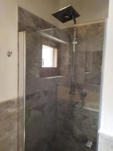 La salle de bains est pourvue d'une douche avec une porte en verre. dans l'établissement Casa vacanza nel verde, à San Clemente in Valle