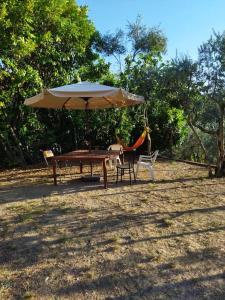 - une table de pique-nique avec un parasol et deux chaises dans l'établissement Casa vacanza nel verde, à San Clemente in Valle