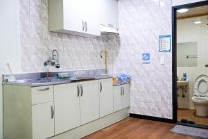 cocina con lavabo y aseo en ttottot Jeju Backpackers en Seogwipo