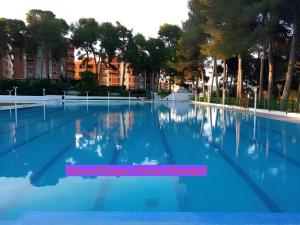 Altura的住宿－Hostal Victoria，一座拥有蓝色海水和树木的大型游泳池