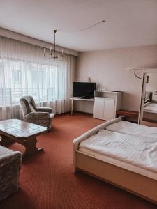 a hotel room with a bed and a couch and a tv at Hotel Harzer am Kurpark in Bad Herrenalb