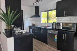 uma cozinha com armários pretos e um vaso de plantas em Hilltop Blue Sky House em Porirua