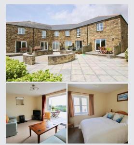 two pictures of a building with a bed and a room at Two Bedroomed Holiday Cottage with Sea Views in St Austell