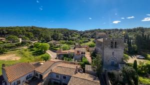 una vista aérea de un pueblo con un castillo en Can Parralets, en Camallera
