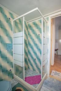a shower with a glass door in a room at Passiflora Vacation House in Nydri