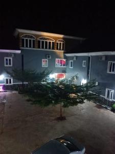 a large blue building with a tree in front of it at Paviosca Hotel in Umuahia