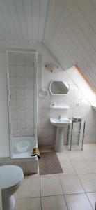 La salle de bains mansardée est pourvue de toilettes et d'un lavabo. dans l'établissement Dom Wczasowy Bałtyk, à Ustronie Morskie