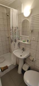 La salle de bains est pourvue d'un lavabo, de toilettes et d'une douche. dans l'établissement Dom Wczasowy Bałtyk, à Ustronie Morskie
