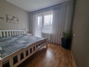 a bedroom with a large bed and a window at Apartment Kurši in Kolka