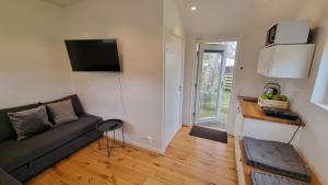 a living room with a couch and a television at Beach-near cozy cottage in Höllviken