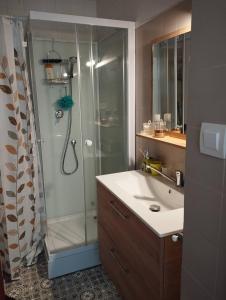 La salle de bains est pourvue d'une douche et d'un lavabo. dans l'établissement AS24540- P2 neuf à 100m de la Plage, au Grau-du-Roi