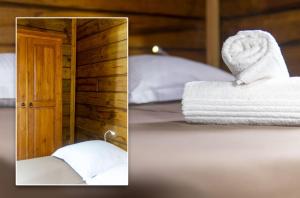 two pictures of a bed with towels on it at Lodge Garden in Saint-Pierre