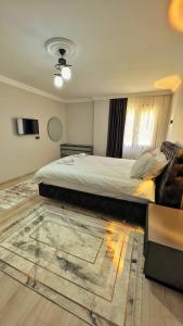 Sağlam Apart Otel في أوزونغول: غرفة نوم بسرير كبير وأريكة