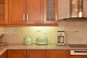 a kitchen counter with a green tea kettle and toaster at Kentos Airy & Fully Equipped 3BR Family Maisonette in Chios