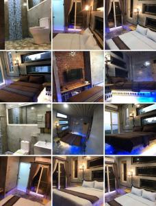 un collage de fotos de una habitación con cama en 巴斯拉岸民宿 en Chenggong