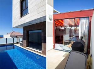 una casa con piscina al lado de un edificio en Designer Haus mit beheiztem Pool (überdacht), en La Listada