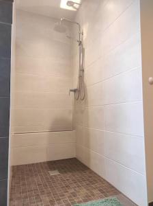 a bathroom with a shower with a tile wall at Haus im Erholungsgebiet Detern in Detern