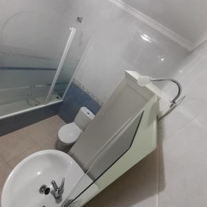 a bathroom with a white sink and a toilet at EL VIEJO OLMO in Herguijuela de la Sierra