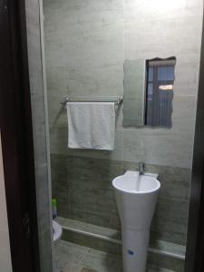 a bathroom with a sink and a toilet and a mirror at hotel Tourist in Karakol