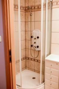 een douche met een douchekop in de badkamer bij Apartament EmKa z balkonem Rowy in Rowy