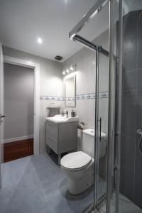 een badkamer met een toilet, een wastafel en een douche bij Coqueto apartamento ideal para parejas in Muriedas