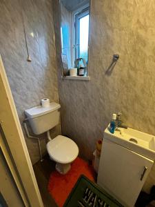 a small bathroom with a toilet and a sink at Waltham Cross Rooms in Cheshunt