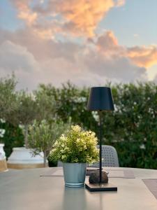 une lampe assise sur une table avec une plante en pot dans l'établissement Hermoso Luxury Suites, à Monolithos