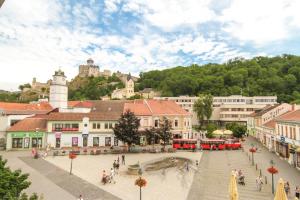 um grupo de pessoas andando em torno de uma rua em uma cidade em Apartmán Vita Design em Trenčín