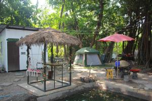 ein Zelt und ein Tisch und ein Regenschirm neben einem Teich in der Unterkunft Do Dee Cafe Bangkok Hostel in Bangkok