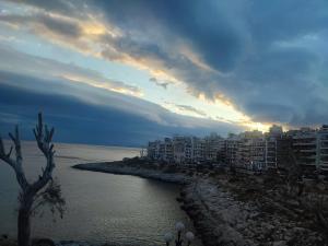 uma vista para uma praia com edifícios ao fundo em Sea Luxury Apartments em Piraeus