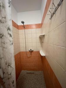uma casa de banho com um chuveiro com azulejos laranja e branco em Sunrise Apartment em Pogradec