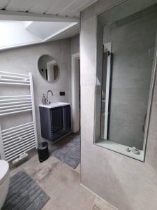 une salle de bain avec un lavabo et un miroir dans l'établissement Miu's Roof, à Alpirsbach 8 autres photos