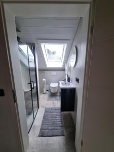 La salle de bains est pourvue de toilettes, d'un lavabo et d'une fenêtre. dans l'établissement Miu's Roof, à Alpirsbach