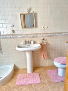 a bathroom with a sink and a toilet and a mirror at Casa rural con jardín y piscina in Val de Santo Domingo