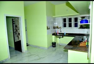 a kitchen with green walls and a sink and a counter at Royal Guest House in Chikmagalūr