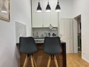 uma cozinha com duas cadeiras pretas e um balcão em Urban Citytrip Flat - 15 min to Center em Viena