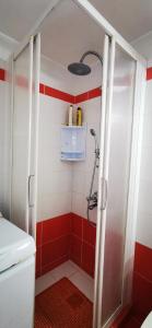 y baño con ducha y paredes de color rojo y blanco. en Elia Guesthouse, en Kissamos