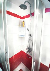 y baño con ducha de azulejos rojos y blancos. en Elia Guesthouse, en Kissamos