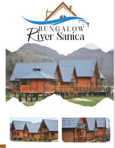 a collage of photos of a log house at Bungalow Fly Fishing Kljuc River Sanica in Zolaći