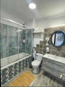 a bathroom with a shower and a toilet and a sink at Apartament Modern in Craiova