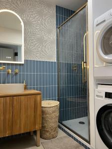uma casa de banho com um lavatório e uma máquina de lavar roupa em Appartement avec Balcon et place de Parking à Berck Plage em Berck
