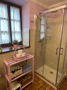 a pink bathroom with a shower with a glass shower stall at La Casina de Mon in Quintana de Llanes +11 photos