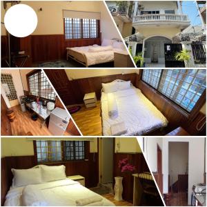 a collage of four pictures of a bedroom at Dimocrata in Phnom Penh